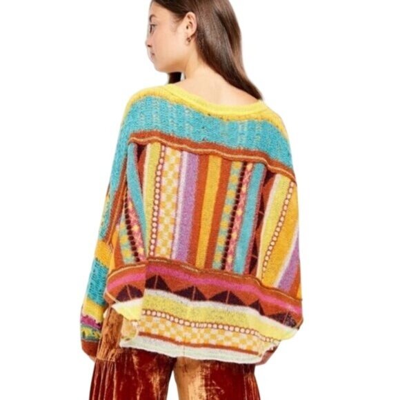 NWOT Free People Bright Multicolored Light Weight Knit Sweater Poncho - Picture 7 of 11